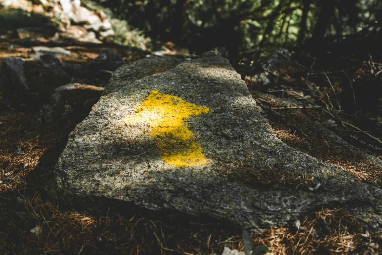 a rock with a yellow arrow painted on it, a photo, unsplash, fan favorite, cartographic, avatar image, outdoors