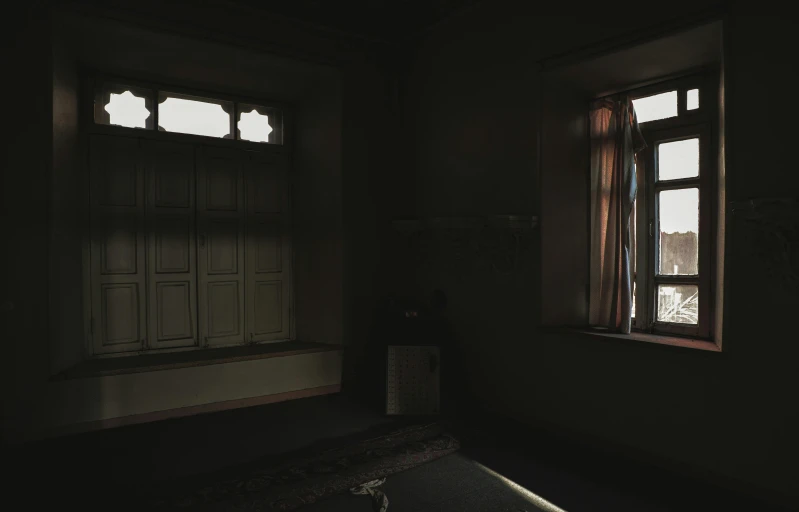 a dark room with two windows and a rug on the floor, sunlit windows, dark image, depressing image, instagram photo