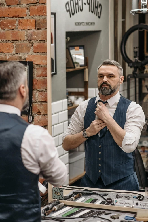 a man standing in front of a mirror in a barber shop, inspired by George Henry, pexels contest winner, art nouveau, wearing suit vest, wearing a vest top, style of marcin blaszczak, bow tie