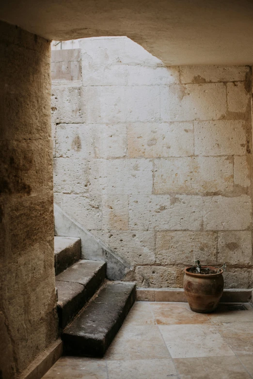 a room with some stairs and a potted plant, inspired by Luis Paret y Alcazar, unsplash, romanesque, inside the sepulchre, limestone, 14th century, bath