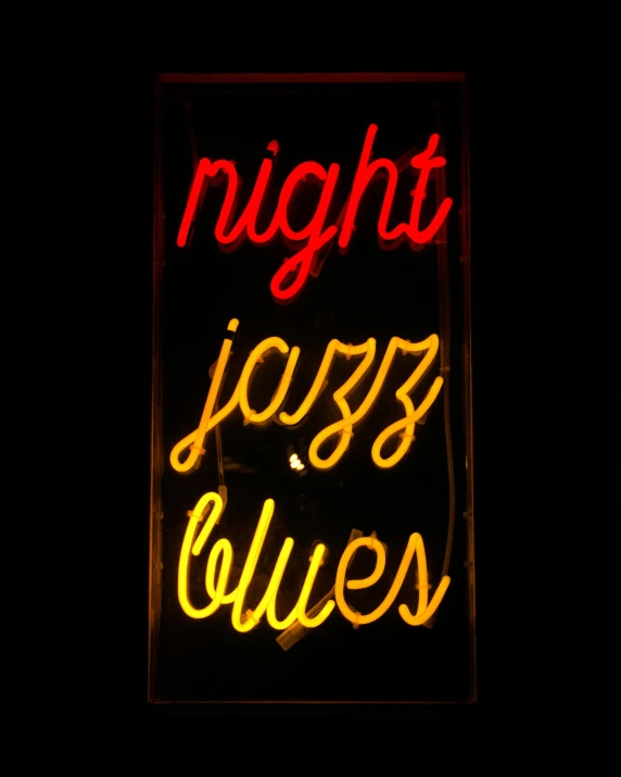a neon sign that says night jazz blues, pexels, blacks and blues, jazz album cover, mid-twenties, nightlife