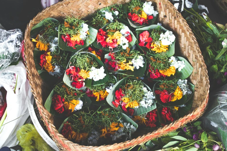 a basket filled with lots of different types of flowers, a cartoon, by Julia Pishtar, trending on unsplash, bali, herbs, festival of rich colors, orthodox