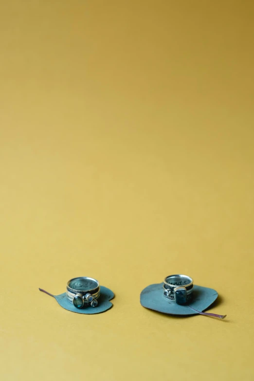 a couple of cups sitting on top of a table, an album cover, by Caro Niederer, cloisonnism, floating. greenish blue, earbuds jewelry, - 9