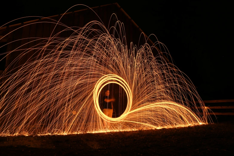 a man standing in front of a fire spinning, a picture, pexels contest winner, fine swirling lines, orange halo, outside intricate, stable diffusion self portrait