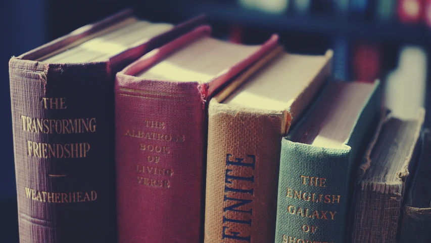 a row of books sitting on top of a table, unsplash, private press, vintage colours, looking across the shoulder, book title visible, in muted colours