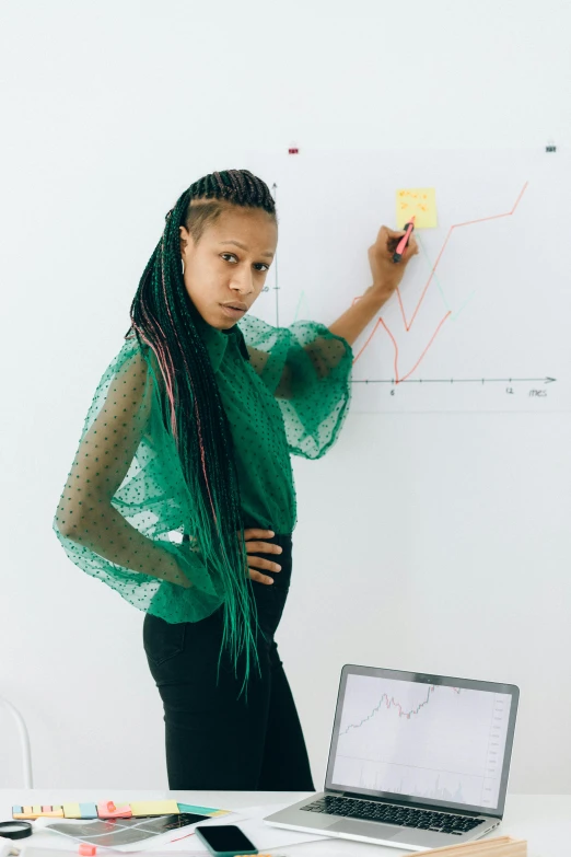 a woman standing in front of a whiteboard next to a laptop, afrofuturism, green charts, modelling, curated collections, looking serious