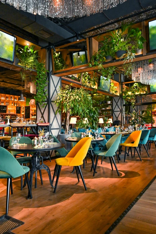 a restaurant filled with lots of tables and chairs, a digital rendering, inspired by Albert Paris Gütersloh, unsplash, rainforest, colorful vegetation, rustic, lounge