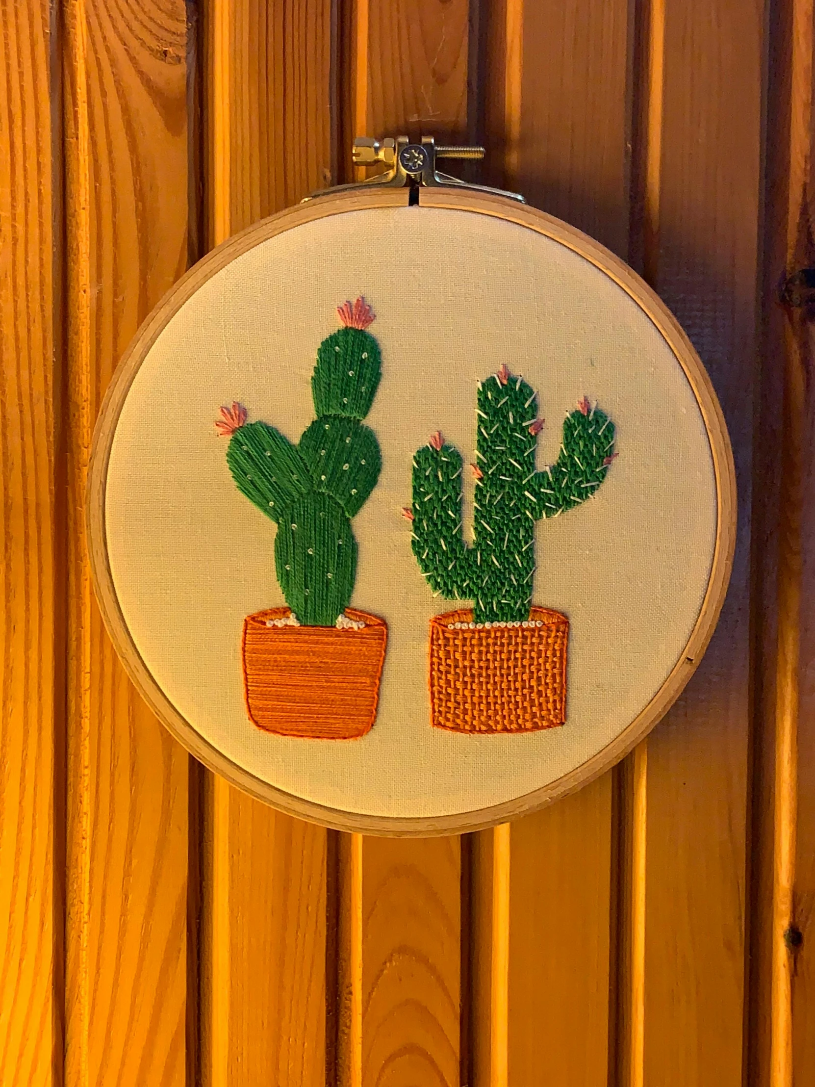 a cross stitched picture of two potted cacti, by Carey Morris, pexels, process art, waist high, made of glazed, fabric embroidery, on a wall