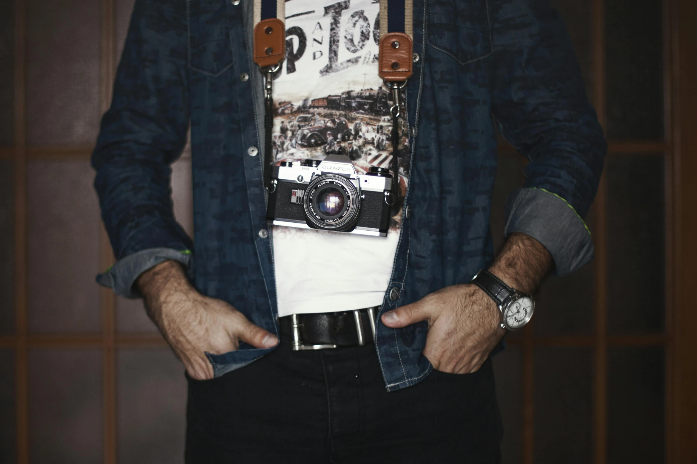 a man standing with his hands in his pockets, pexels contest winner, photorealism, old photo camera, wearing a shirt and a jean, wearing a watch, instagram picture