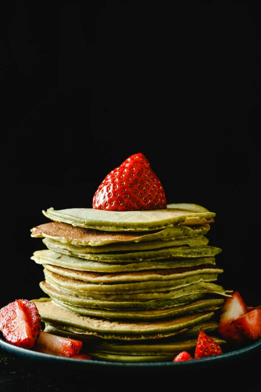 a stack of pancakes with strawberries on a plate, inspired by Kanō Tan'yū, unsplash, dark green, loputyn and matcha, textless, smooth defined edges