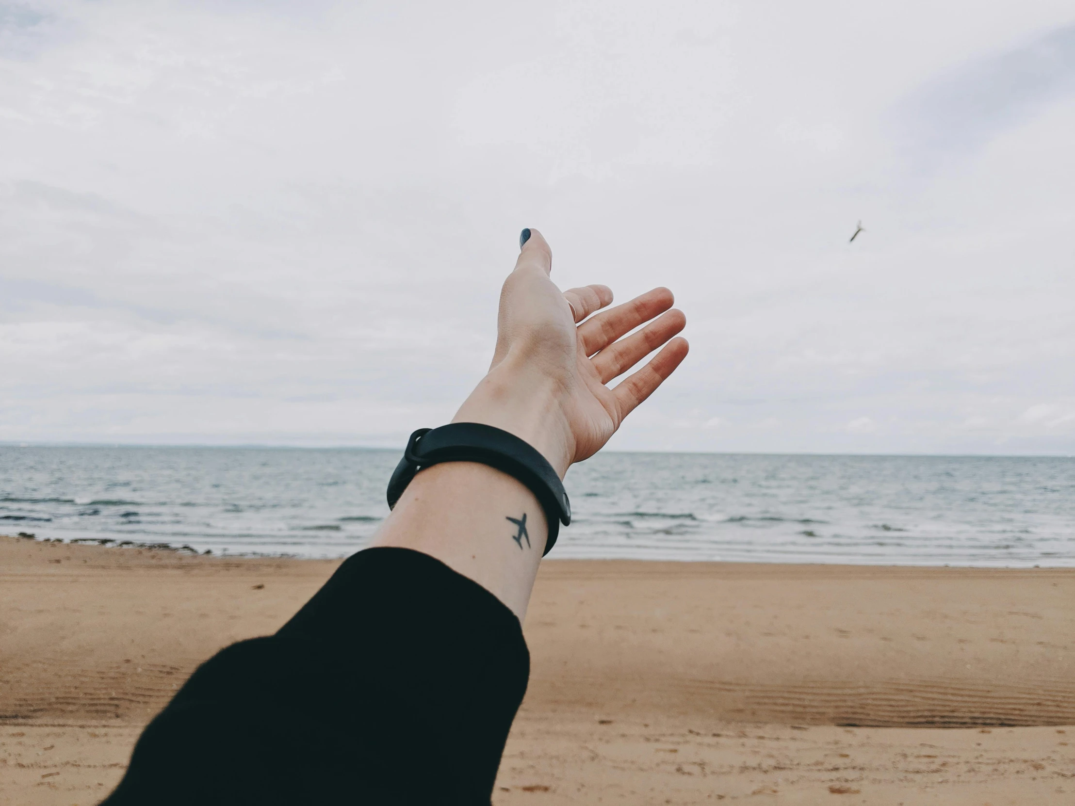 a person's hand reaching out towards the ocean, a tattoo, trending on pexels, realism, a black choker, background image, rectangle, windy beach