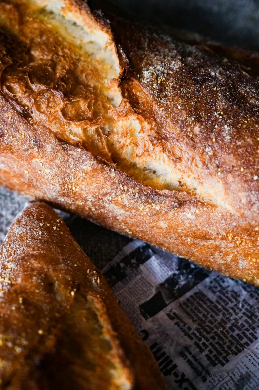 a loaf of bread sitting on top of a newspaper, a portrait, by Tom Bonson, unsplash, glittering and soft, baking french baguette, grain”, large tall