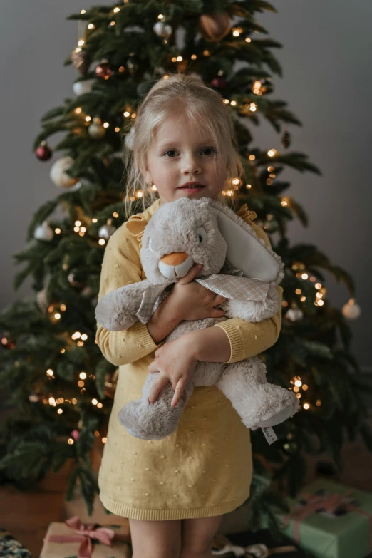 a little girl holding a stuffed animal in front of a christmas tree, inspired by Elsa Beskow, pexels contest winner, ultrarealistic sweet bunny girl, light grey, close together, premium quality