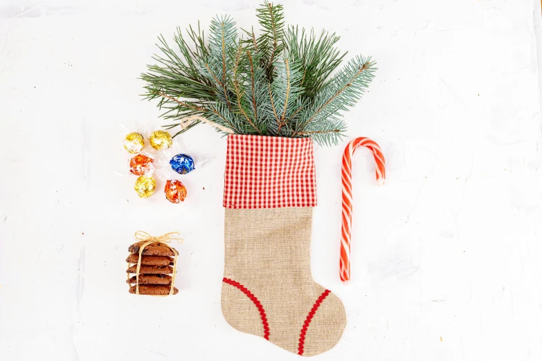 a christmas stocking sitting on top of a table, by Nicolette Macnamara, shutterstock contest winner, flatlay, square, cane, snacks