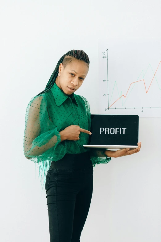 a woman holding a laptop with the word profit on it, by Matija Jama, renaissance, green charts, dark-skinned, full body image, wētā fx
