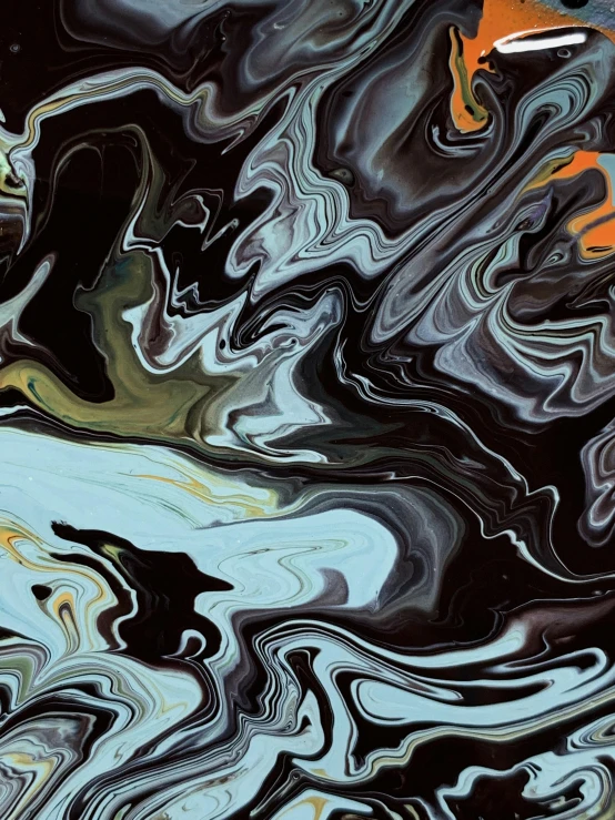 a close up of a painting of a body of water, an abstract painting, reddit, dark but detailed digital art, marbling effect, black and orange colour palette, profile pic