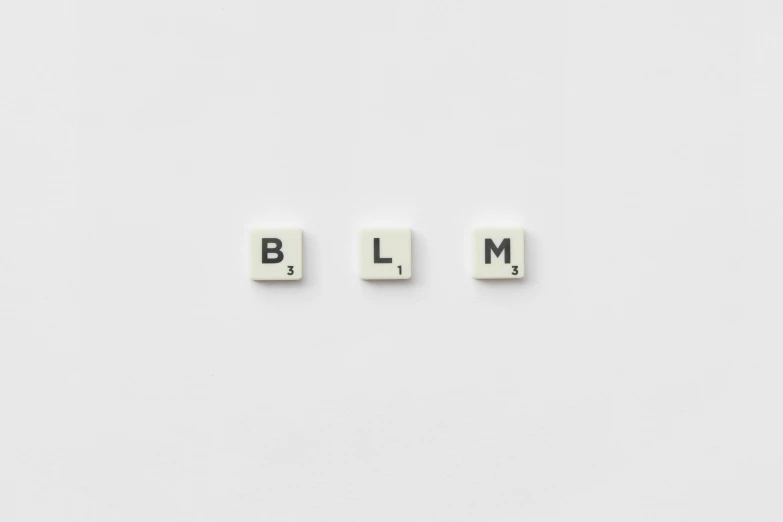 the word blm spelled in scrabbles on a white surface, by Vija Celmins, letterism, large medium and small elements, style of the game rimworld, | 35mm|, glaze