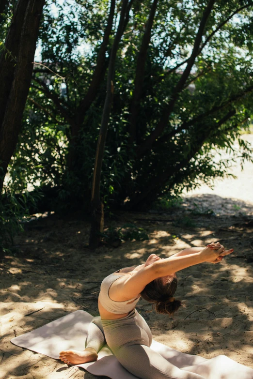 a woman doing a yoga pose in the woods, arabesque, near the beach, well shaded, victoria siemer, medium - shot