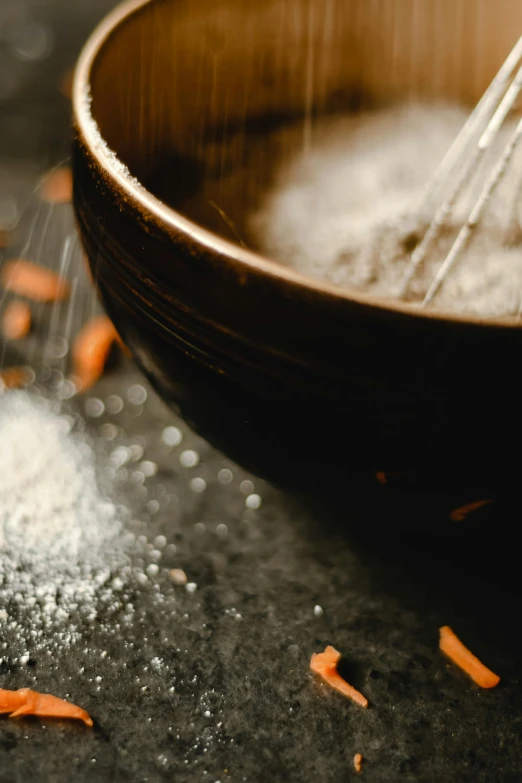 a bowl of flour with a whisk in it, inspired by Kanō Naizen, unsplash, renaissance, detail shot, thumbnail, brown resin, vapor