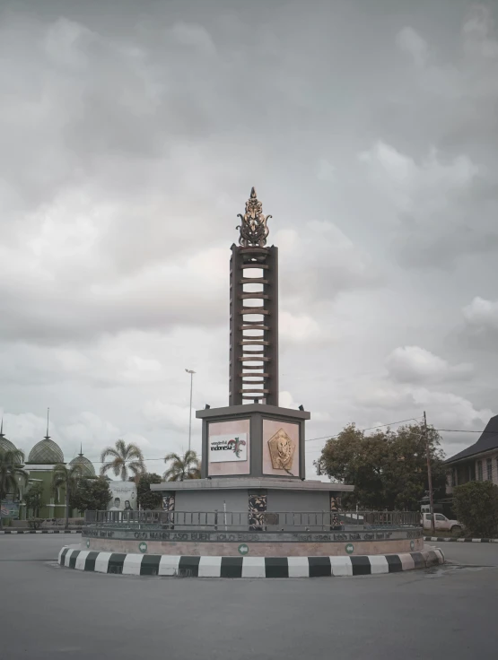 a clock tower sitting in the middle of a street, a statue, inspired by Erik Pevernagie, hyperrealism, arsitektur nusantara, grey, low quality photo, sign