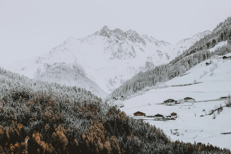 a mountain covered in snow next to a forest, by Sebastian Spreng, pexels contest winner, tiny village, trending on vsco, grey, 7 0 s photo