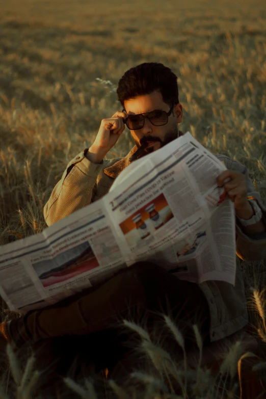 a man sitting in a field reading a newspaper, a picture, pexels contest winner, a portrait of rahul kohli, stylish pose, sundown, official screenshot