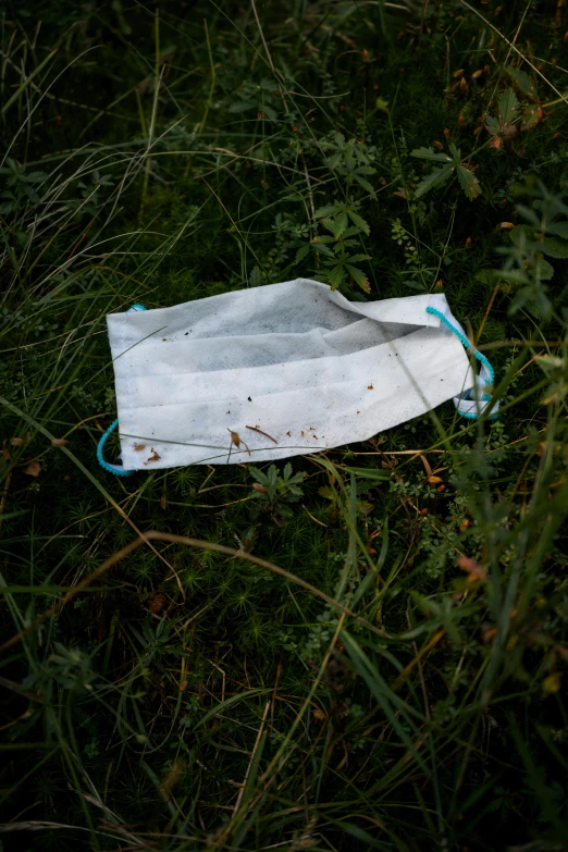 a white bag sitting on top of a lush green field, by Attila Meszlenyi, face mask, litter, close-up photograph, janusz jurek