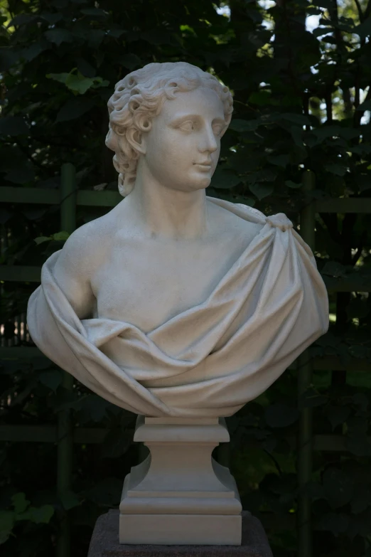 a statue of a woman with a shaw around her neck, inspired by Antonio Canova, handsome male, lush surroundings, clean shaven, pretty oval face