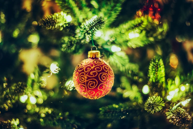 a christmas ornament hanging from a christmas tree, pexels, instagram picture, warm glow, green and red, ad image