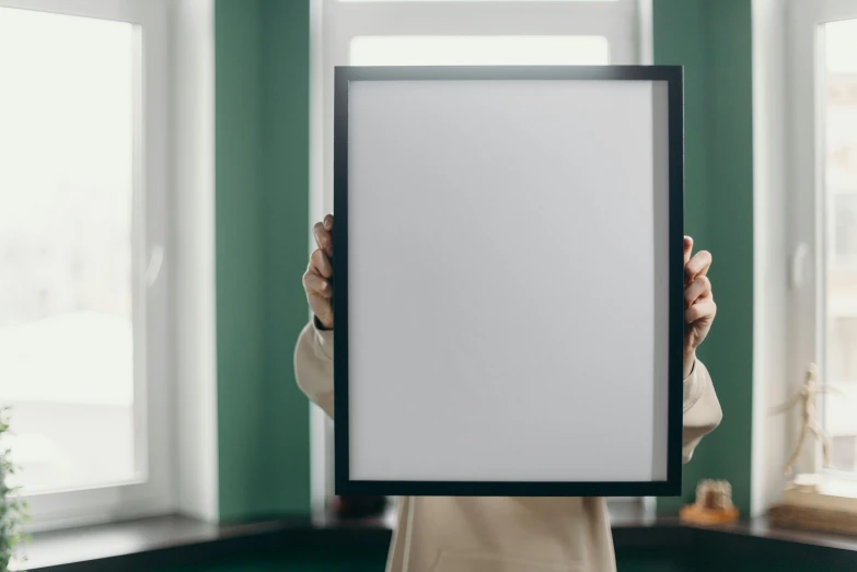 a woman holding a picture frame in front of her face, a poster, pexels contest winner, visual art, whiteboard, very minimalistic, rectangle, low quality print