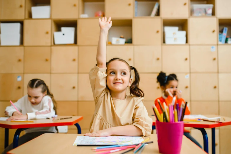 a group of children sitting at desks in a classroom, pexels contest winner, as she looks up at the ceiling, triumphant pose, girl with brown hair, thumbnail