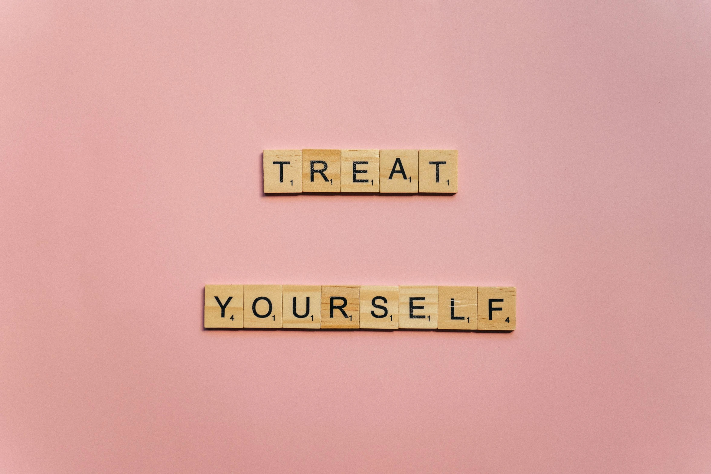 the words treat yourself spelled in scrabbles on a pink background, trending on pexels, aestheticism, 1 6 x 1 6, frank moth, about to consume you, beige