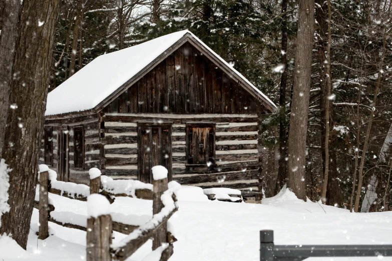a cabin in the woods covered in snow, inspired by Asher Brown Durand, pexels contest winner, renaissance, pilgrim village setting, museum photo, vintage photo, exterior photo
