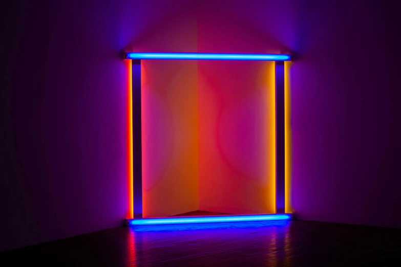 a neon frame in a dark room, by Richard Anuszkiewicz, refracted sunset lighting, fan favorite, rivers, corners