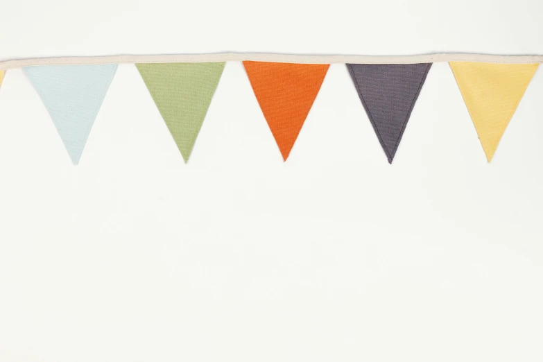 a row of multicolored pennants hanging from a string, by Helen Stevenson, minimalism, grey orange, product shot, 2 5 6 colours, grey