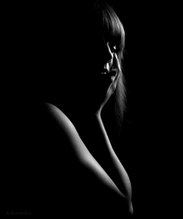 a black and white photo of a woman's face, a black and white photo, by Leo Leuppi, art photography, full bodied portrait, silhouette :7, a portrait of a plump woman, low key light