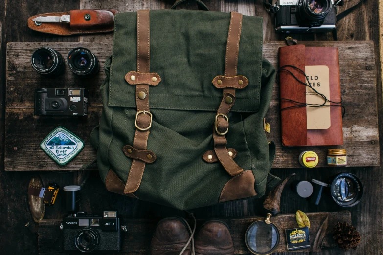 a green backpack sitting on top of a wooden table, inspired by Wes Anderson, unsplash contest winner, renaissance, tools and junk on the ground, square backpack, vintage - w 1 0 2 4, detail shot