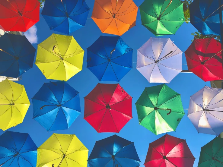 a sky filled with lots of different colored umbrellas, trending on unsplash, inverted colors, multiple stories, colorful”