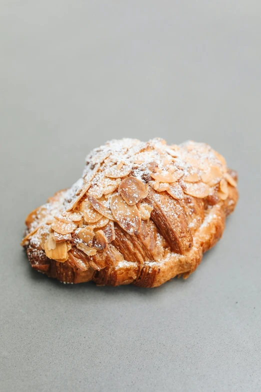 a close up of a pastry on a table, sparkling petals, 3/4 front view, wrinkled, head and chest only