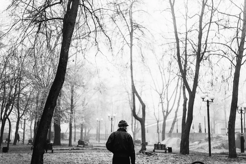 a black and white photo of a man walking a dog in a park, a black and white photo, by Lucia Peka, artyom turskyi, cold mist, standing in a city center, walking through the trees