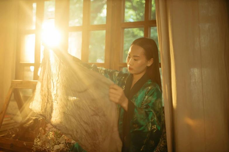 a woman that is standing in front of a window, inspired by Tang Yin, unsplash, beautiful raking sunlight, production still, intricate silk clothing, ( ( theatrical ) )