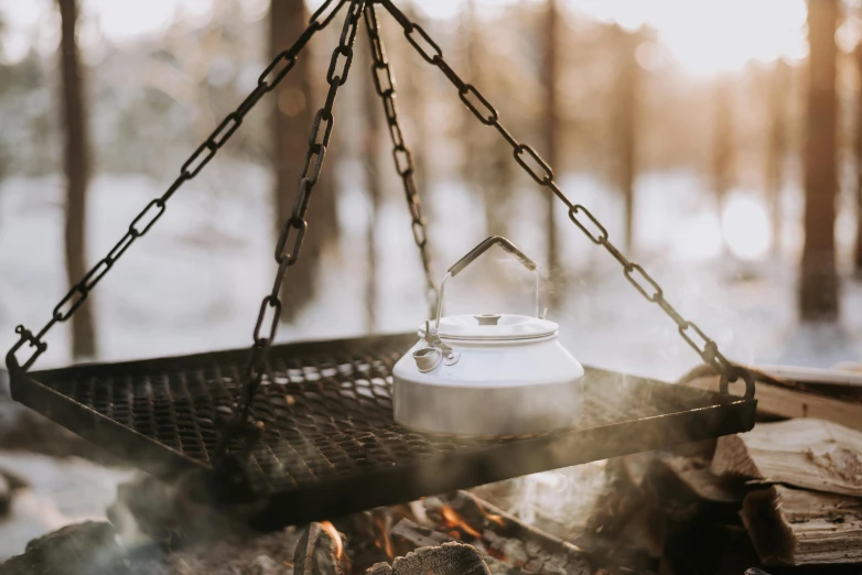 a kettle sitting on top of a fire in a forest, by Emma Andijewska, hurufiyya, high quality product image”, offering a plate of food, hanging, white