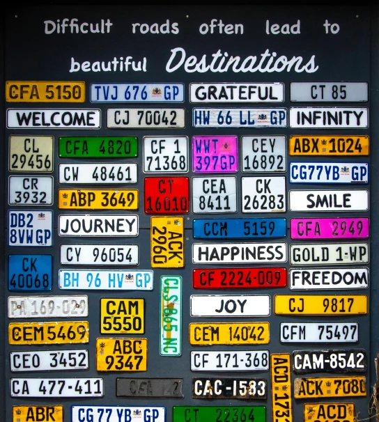 a sign with a bunch of license plates on it, unsplash, blissful journey, detailed color scan”, breath taking beautiful, stencil