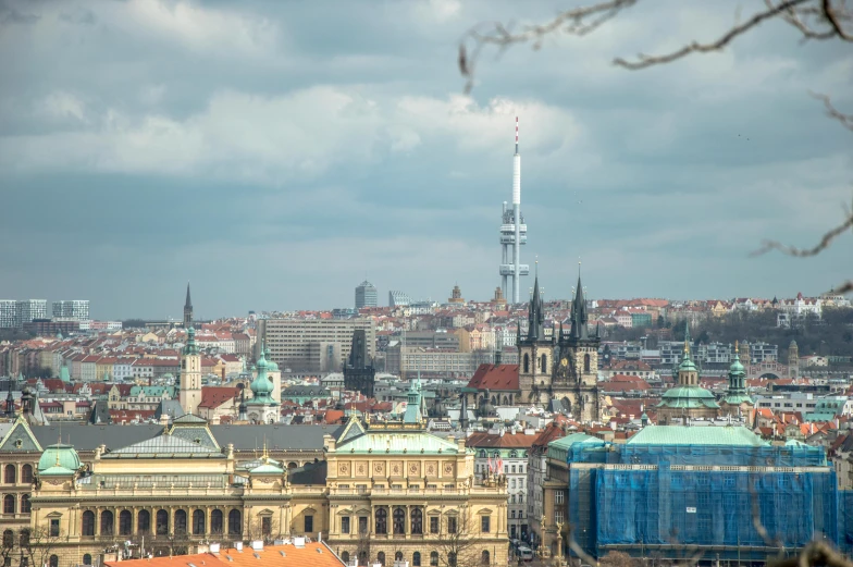 a view of a city from the top of a hill, by Adam Marczyński, pexels contest winner, art nouveau, lead - covered spire, 1970s photo, square, avatar image