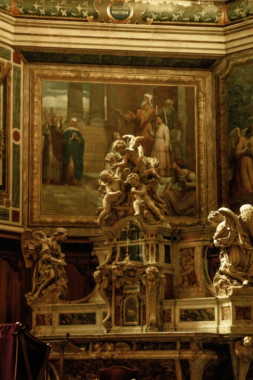 a statue in a room with paintings on the walls, a detailed painting, by Gian Lorenzo Bernini, on the altar, details galore, part of the screen, symetrical scene