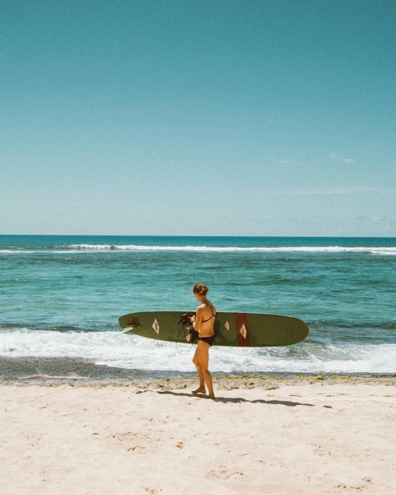 a person standing on a beach holding a surfboard, by Hannah Tompkins, pexels contest winner, lush paradise, in a sunny day, a green, multiple stories