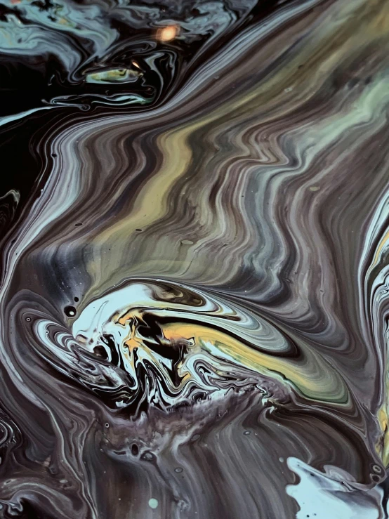a group of fish swimming in a body of water, an abstract painting, inspired by Richter, trending on pexels, made of liquid metal and marble, mocha swirl color scheme, black slime, vhs colour photography