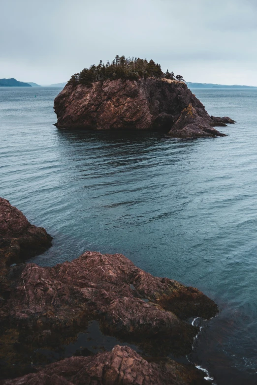 a small island in the middle of a body of water, by Jessie Algie, unsplash, igneous rock, pacific northwest coast, low quality photo, brown