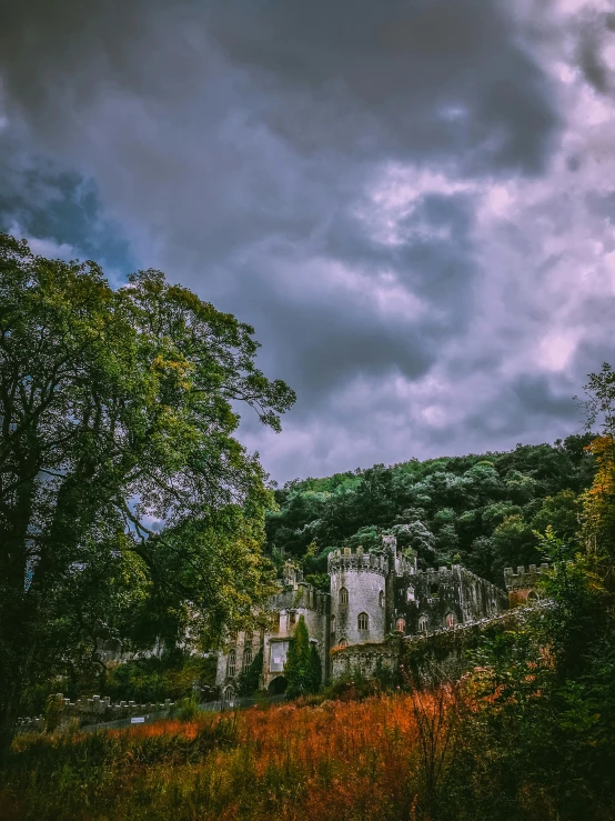 a castle sitting on top of a lush green hillside, inspired by Alexander Nasmyth, pexels contest winner, dramatic grey sky, ancient overgrown! ruins, thumbnail, autumnal