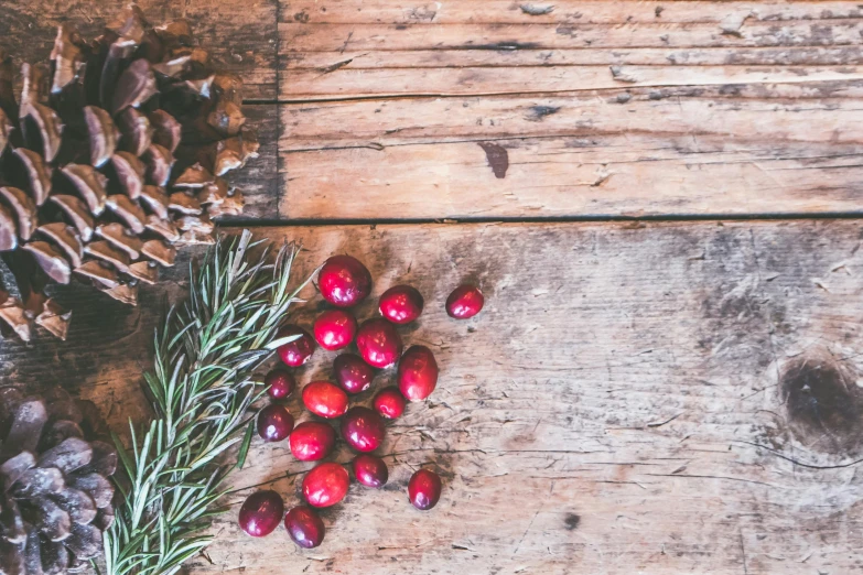 a wooden table topped with pine cones and cranberries, by Emma Andijewska, pexels, fan favorite, background image, 1 9 8 0 s photo, instagram photo